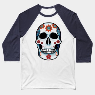 Blue floral skull with red flowers Baseball T-Shirt